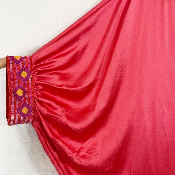 Hale Bob Pink Silk Beaded Batwing Blouse V-Neck Tropical Size Medium - Picture 3 of 7